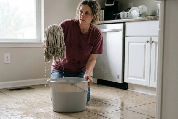 A woman holding a dripping wet string mop over a bucket of gray water on a wet streaky kitchen tile floor