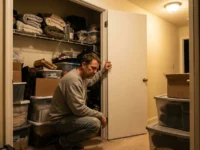 A man crouching in front of an overstuffed hall closet full of bins while the back of the open door sits completely empty