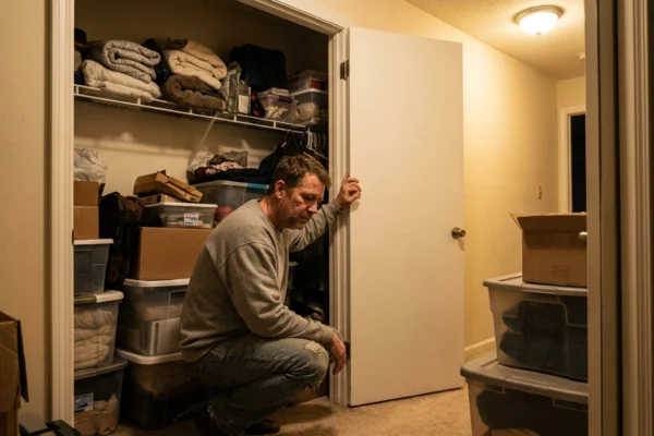 A man crouching in front of an overstuffed hall closet full of bins while the back of the open door sits completely empty