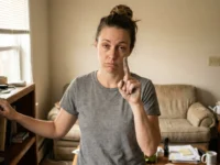 A woman in a gray t-shirt in a lived-in living room showing gray dust on her fingertip after touching a shelf