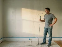 A man holding a roller on a pole studying a freshly painted wall where raking light reveals lap marks and streaks