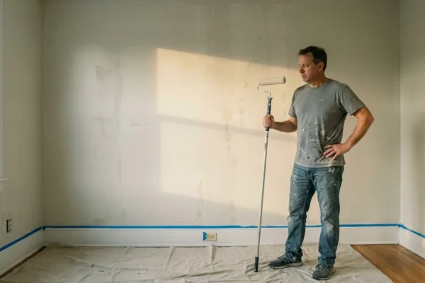 A man holding a roller on a pole studying a freshly painted wall where raking light reveals lap marks and streaks