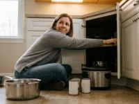A woman crouched on a kitchen floor reaching deep into a dark corner cabinet, with pots and cans pulled out onto the floor