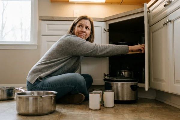A woman crouched on a kitchen floor reaching deep into a dark corner cabinet, with pots and cans pulled out onto the floor