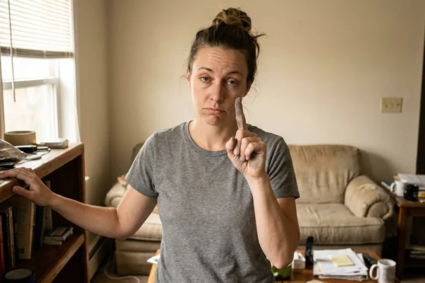 A woman in a gray t-shirt in a lived-in living room showing gray dust on her fingertip after touching a shelf
