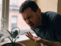 Man leaning over a potted plant on a windowsill, wincing and waving his hand at a cloud of tiny flying insects.