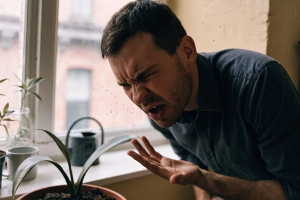 Man leaning over a potted plant on a windowsill, wincing and waving his hand at a cloud of tiny flying insects.