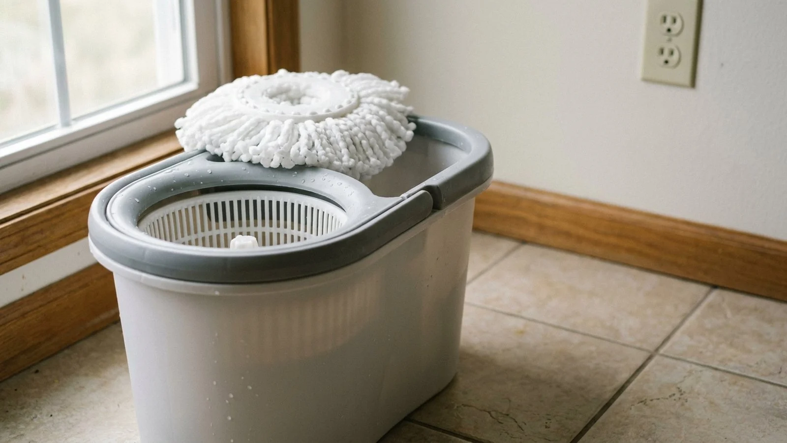 A spin mop bucket with the perforated spinner basket visible and a clean round microfiber mop head resting on the rim
