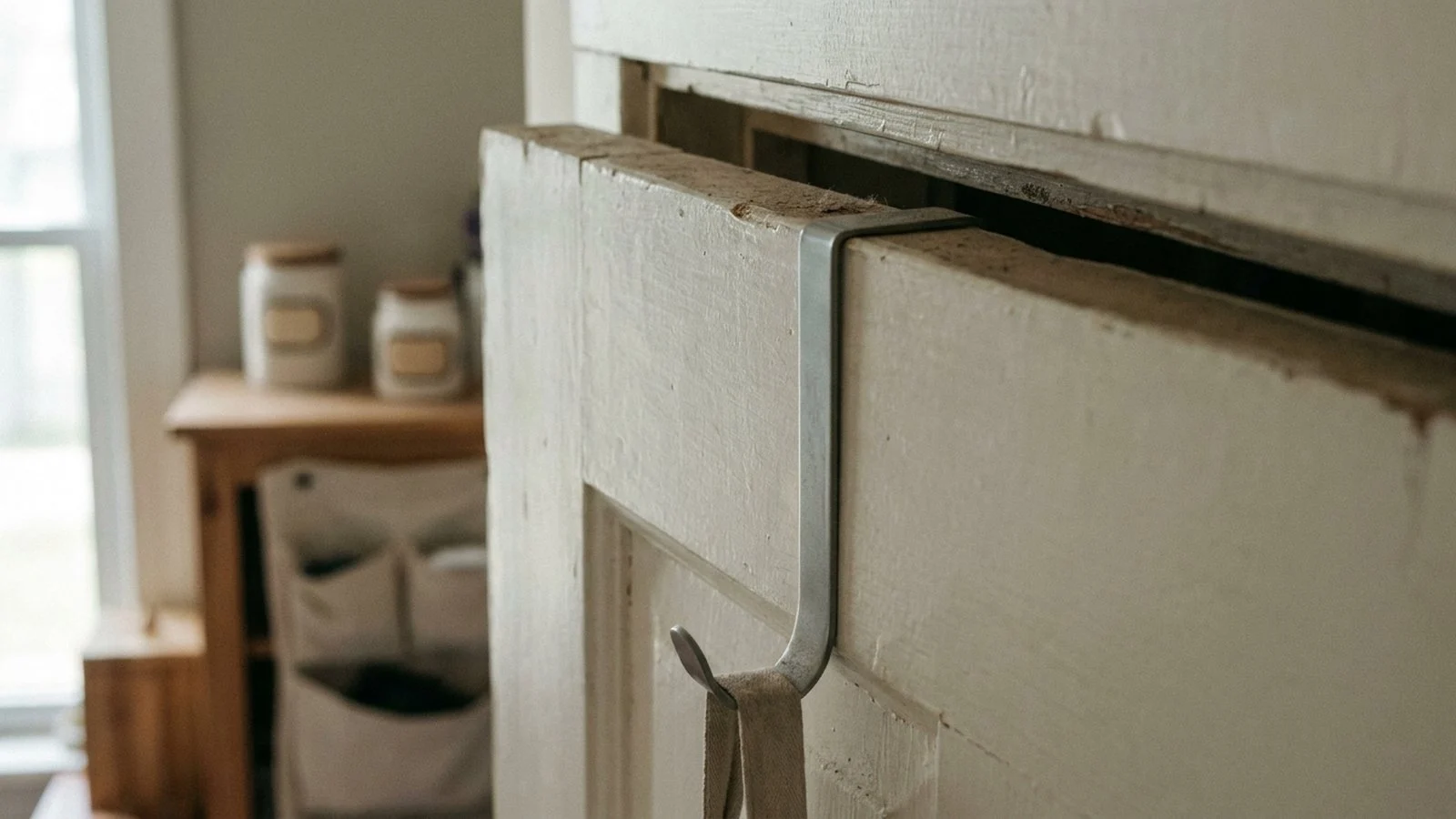 Close-up of a slim steel hook curving over the top edge of a door, showing the narrow gap between the door and the frame