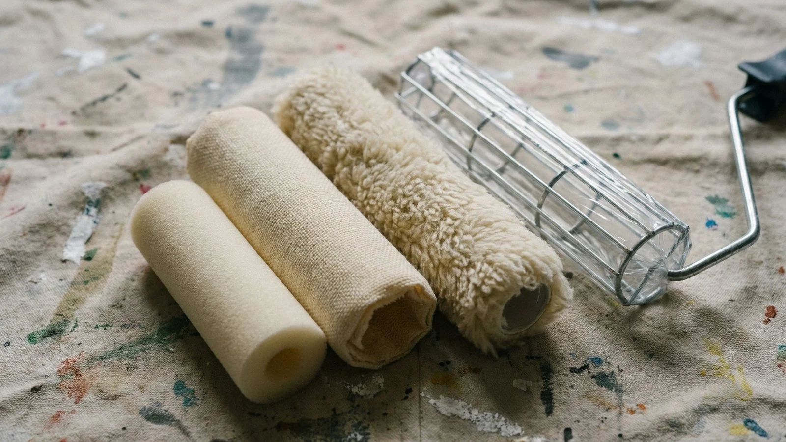 Three paint roller sleeves side by side on a drop cloth showing short, medium and long fiber pile, next to a wire roller frame