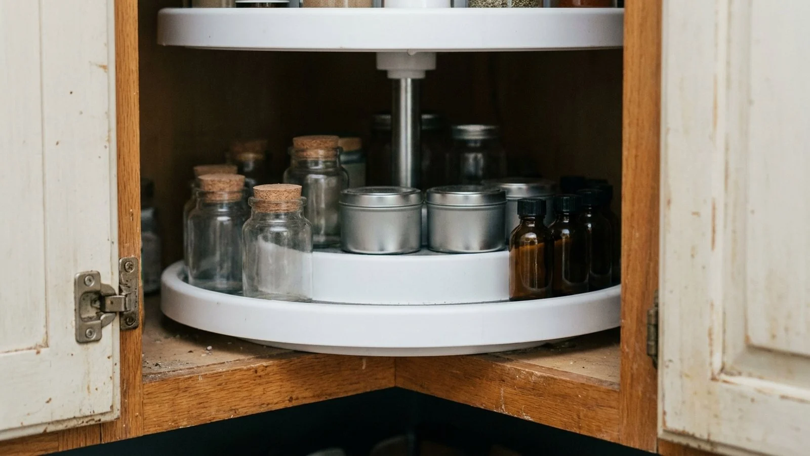 A two tier white rotating turntable inside a corner kitchen cabinet holding jars, tins and small bottles in a ring