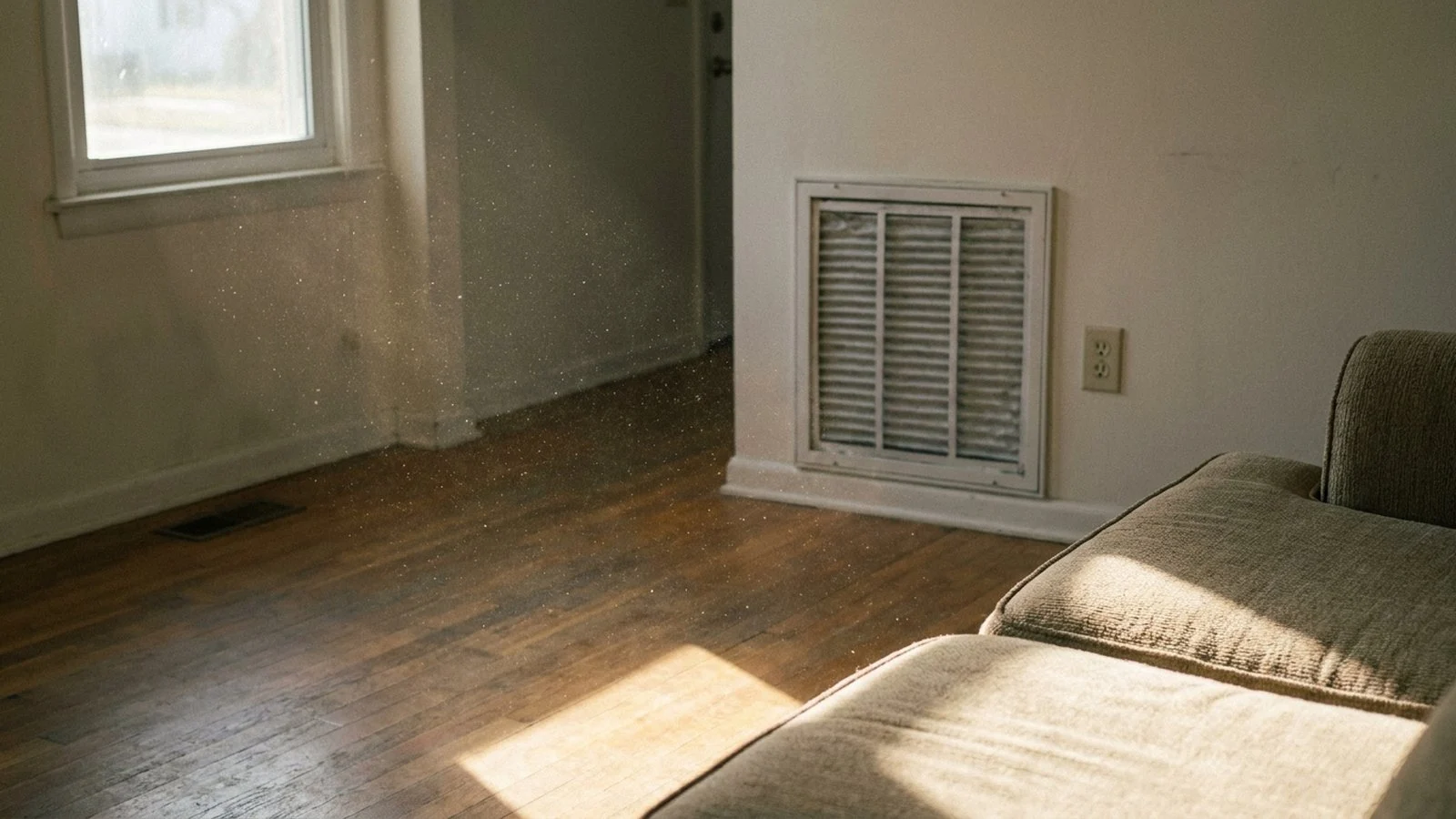 Sunlight from a window revealing floating dust particles in a room with a dusty HVAC return air filter