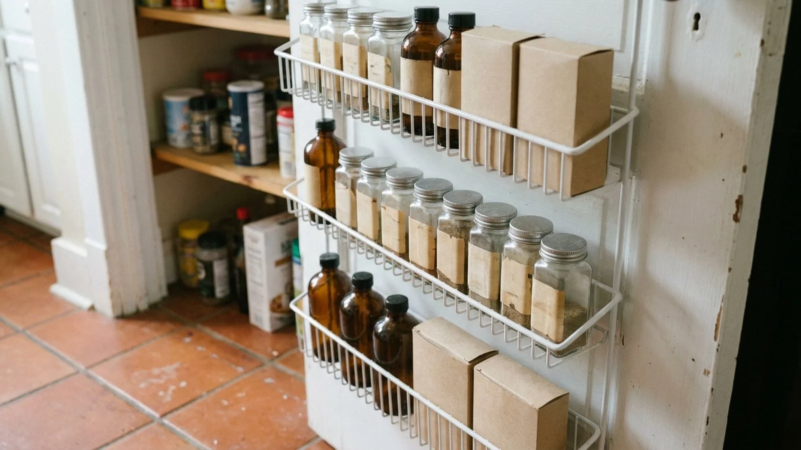 A white steel over-the-door rack on a pantry door holding rows of glass jars and boxes, all visible at a glance