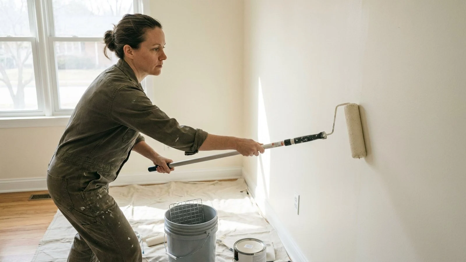 A woman rolling a wall with a roller on an extension pole beside a paint bucket with a grid, the finished section flat and even