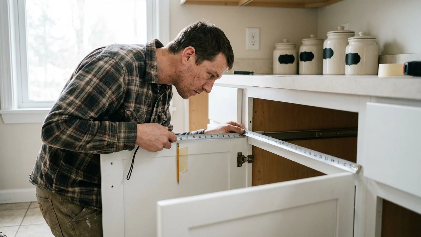A man measuring the opening of a corner kitchen cabinet with a tape measure, a pencil and masking tape on the door