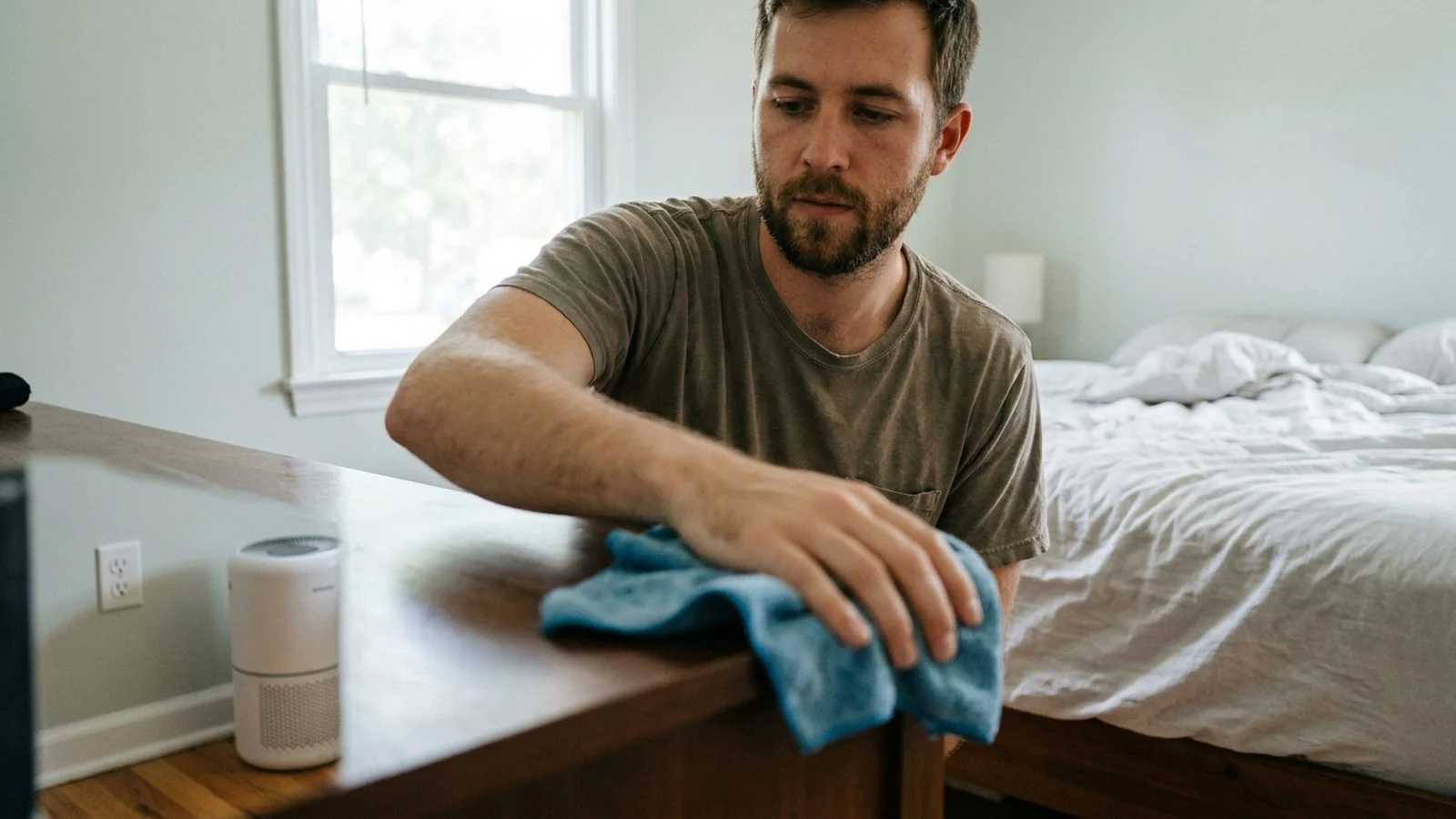 A man wiping a wooden dresser with a damp blue microfiber cloth while a white air purifier runs beside the bed
